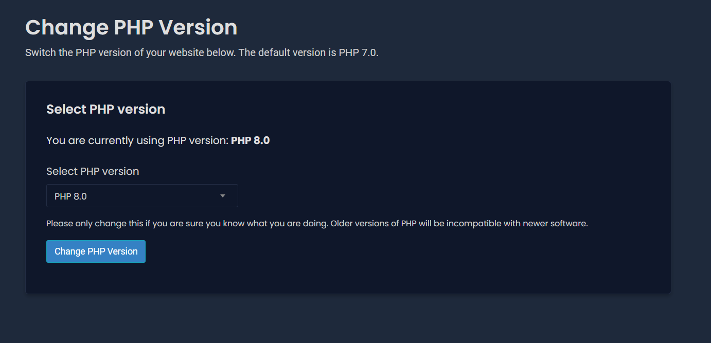 change PHP Version in stackcp